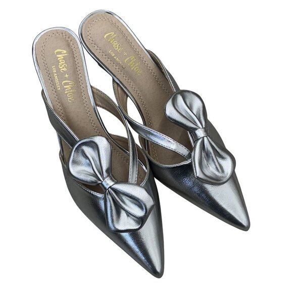 CHASE + CHLOE / Idra-3 / Silver / Pointed / Toe Mule Heels / With Bow Detail Kit - Picture 6 of 9